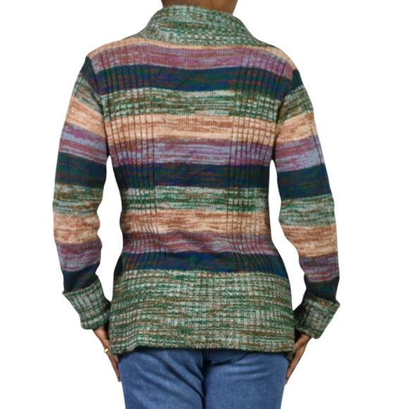 Vintage Hand Loomed Knit Cardigan Sweater Green Marled Rainbow Stripe 70s Medium - Picture 2 of 16